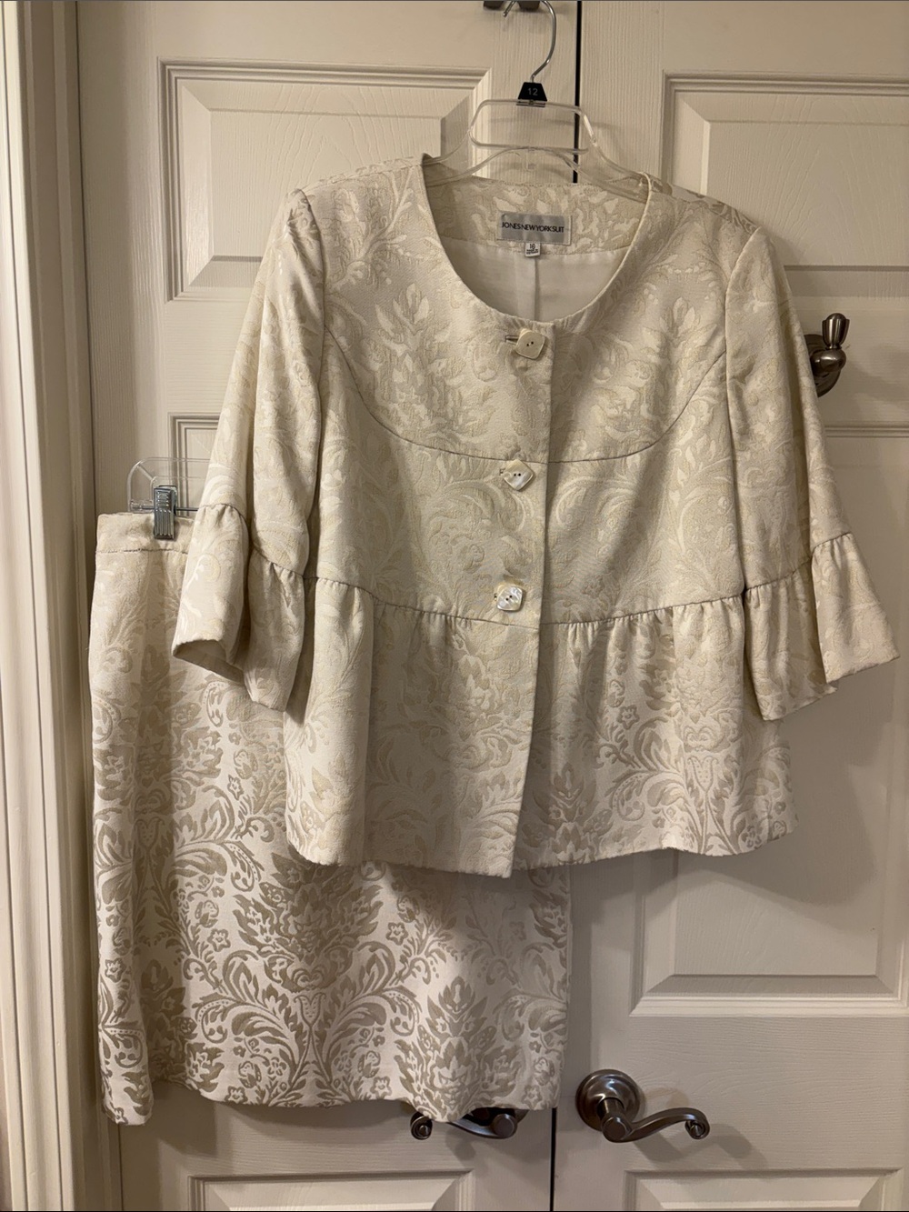 Jones New York Cream Brocade Peplum Jacket and Skirt Set